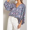 Women's Retro Print V Neck Bubble Sleeve Blouse - ee:some - 3 of 4
