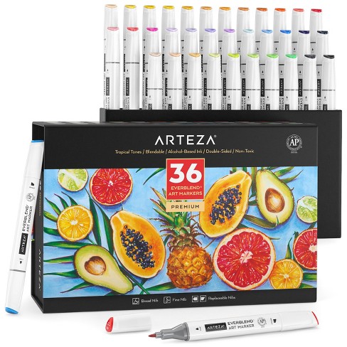 Arteza Professional Everblend Dual Tip Artist Brush Sketch Markers, Tropical Tones, Replaceable Tips - 36 Pack : Target