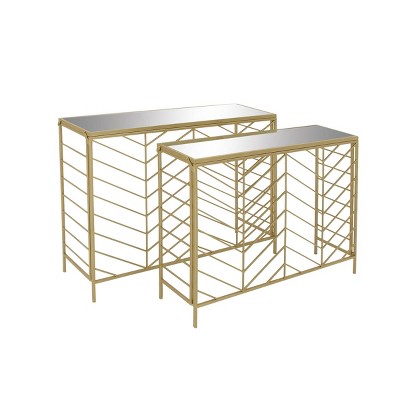 Elegant Gold Metal and Mirrored Glass Console Table Set, 42" and 39"W