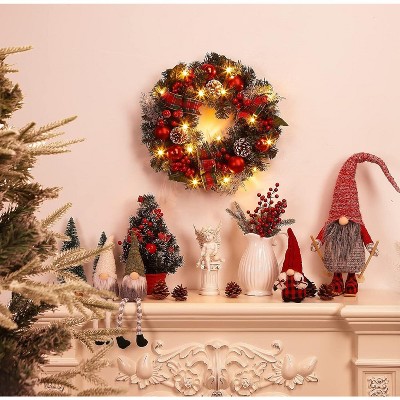TackView 18" Prelit Christmas Wreath for Front Door, Christmas Wreath with Red Green Plaid Ribbon Pinecones Ball Oranments