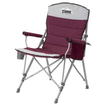 CORE Foldable Portable Padded Hard Arm Chair with Storage Pockets, Oversize Cup Holder, and Carry Bag, 300 Pound Capacity, Wine Red