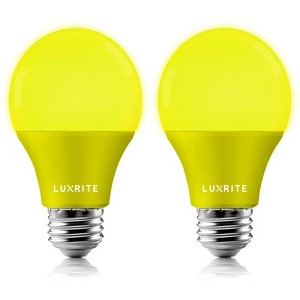 Luxrite A19 LED Yellow Bug Light Bulbs, 60W Equivalent, Non-Dimmable, UL Listed, E26 Standard Base, Indoor Outdoor, Porch, Home Lighting 2 Pack - 1 of 4