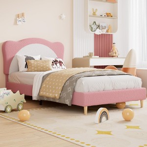 Upholstered Bed Frame for Kids - with Adjustable Scallop Headboard, Cute Velvet Princess Platform Bed, Solid Wood Slats Support, No Box Spring Needed - 1 of 4