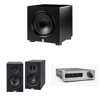 Elac DS-A101-G - Discovery Amplifier with Wi-Fi - Grey, Elac DB53-BK - Debut 3.0 5.25" Bookshelf Speakers - Black, Pair and Elac PS350-BK - Varro P...