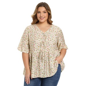 Women's Plus Size Ditsy Floral Tie Front V Neck Ruffle Sleeve Summer Casual Babydoll Blouses - GRACE & GRANDEUR - 1 of 4
