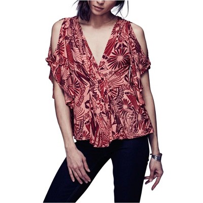 Free People Womens Amour Abstract Pullover Blouse, Pink, X-Small