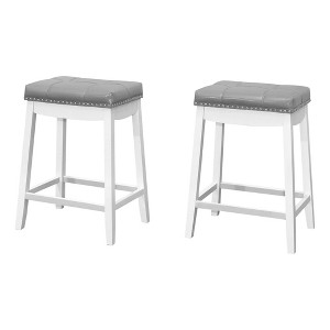 Monarch Specialties Bar Stool Set Of 2 Counter Height Saddle Seat Kitchen Wood Pu Leather Look White Grey Transitional - 1 of 4