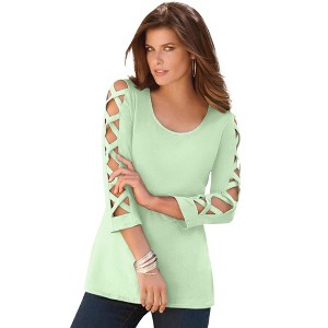 Roaman's Women's Plus Size Lattice Sleeve Ultimate Tee - 1 of 4