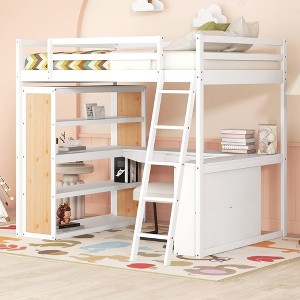 Full Size Loft Bed with Ladder, Shelves and Desk - 1 of 4