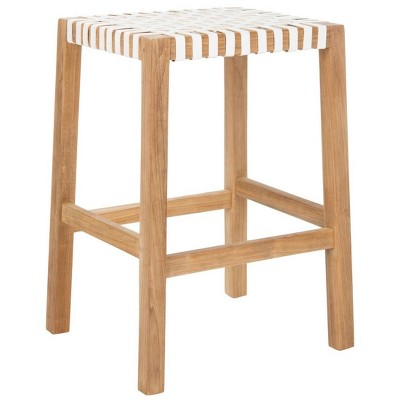 Natural Teak and White Leather Backless Counter Stool