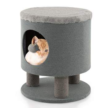 Costway 3-IN-1 Cat Condo Stool Kitty Bed with Scratching Posts & Plush Ball Toy Beige/Grey