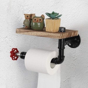 Oumilen Wall Mounted Industrial Toilet Paper Holder with Rustic Wooden Shelf - 1 of 1