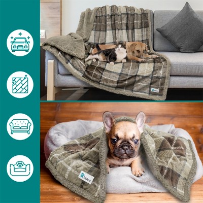 Large Plaid Taupe Waterproof Sherpa Fleece Outdoor Pet Blanket
