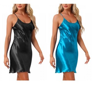 INSPIRE CHIC Women's 2 Pcs Satin Racerback Loungewear Adjustable Spaghetti Strap Pajama Nightgown - 1 of 4