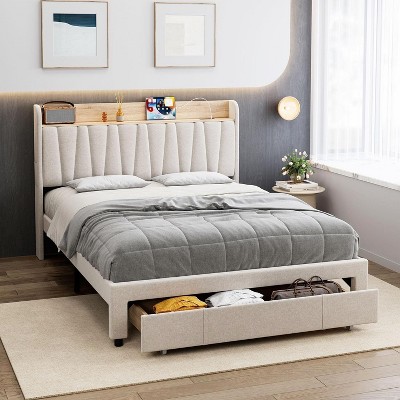 King Size Bed Frame with Storage Headboard, Charging Station, Upholstered Platform with Drawers, Sturdy Wooden Slats, No Box Spring, Light Grey
