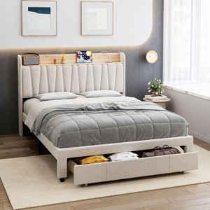 King Size Bed Frame with Storage Headboard, Charging Station, Upholstered Platform with Drawers, Sturdy Wooden Slats, No Box Spring, Light Grey - 1 of 4