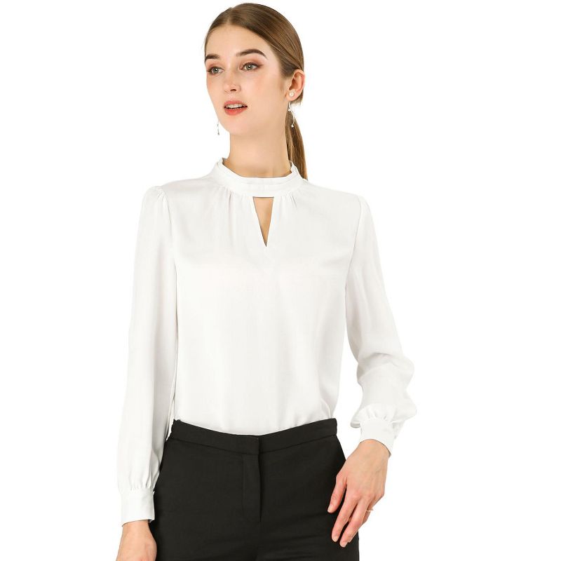 Allegra K Women's Office Keyhole Elegant Stand Collar Long Sleeve Chiffon Blouses, 1 of 8