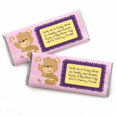 Big Dot of Happiness Girl Baby Teddy Bear - Candy Bar Wrappers Baby Shower Favors - Set of 24