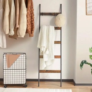 Farmhouse 10-Tier Wooden Blanket Ladder, Wall Mounted Towel Rack with 5 Hooks & Storage Shelf for Living Room, Bathroom Decor - 1 of 4
