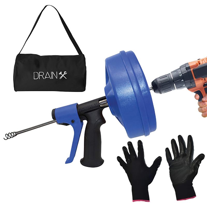 DrainX® SPINFEED Drum Auger Drain Snake, Auto Extend and Retract, with Work Gloves and Carrying Bag, 4 of 6