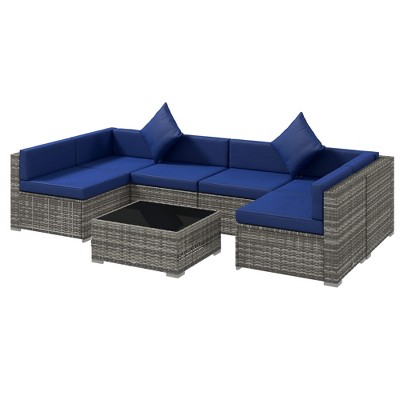 Mixed Gray and Blue PE Rattan Wicker 7-Piece Sectional Sofa Set