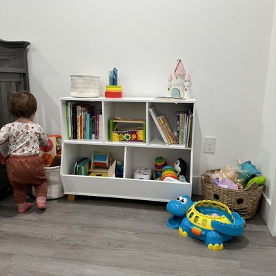 Catch-All Kids Multi-Cubby 35in Toy Organizer with Bookrack - White