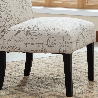 Beige Script Print Fabric Armless Slipper Chair with Wood Legs