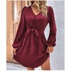 Coolmee Puff Long Sleeve Midi Dress for Women V Neck Button A Line Elegant Modest Flowy Short Dresses with Belt - 4 of 4