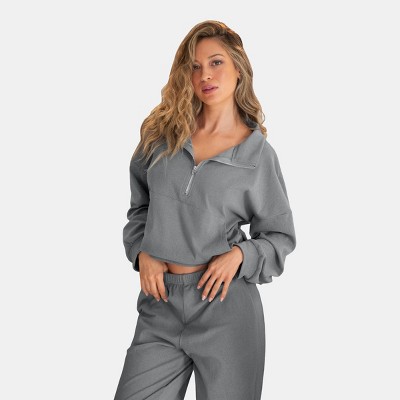Women's Plush Zip-Up Top & Joggers Cozy Grey Loungewear Set - Cupshe
