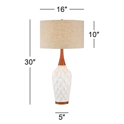 Mid-Century White Ceramic & Wood Table Lamp with Tan Drum Shade
