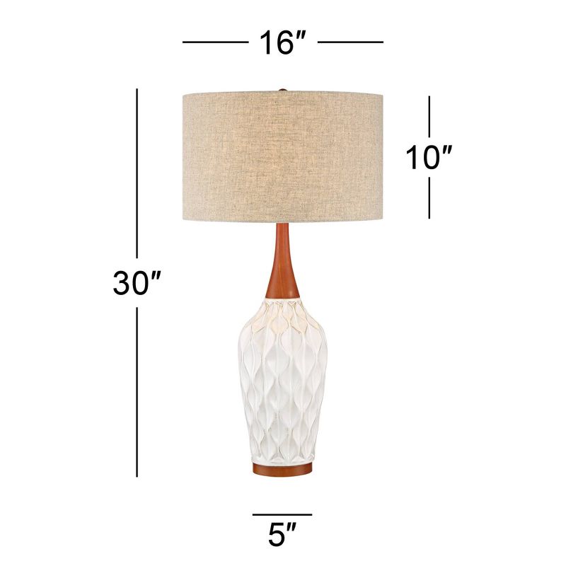 360 Lighting Rocco Modern Mid Century Table Lamp 30" Tall White Geometric Ceramic Wood Tan Fabric Drum Shade for Bedroom Living Room Bedside Office, 5 of 12
