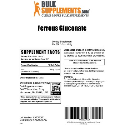 BulkSupplements Ferrous Gluconate Powder