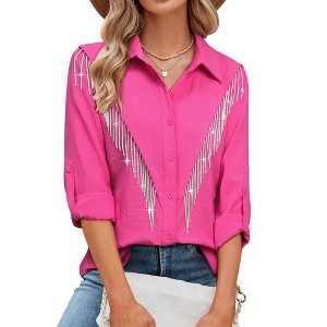 Nlife Womens Rhinestone Fringe Shirt Top Western Cowgirl Cowboy Rodeo Sparkly Tassel Long Sleeve Button Down Shirts Nashville Country Concert Outfit - 1 of 4