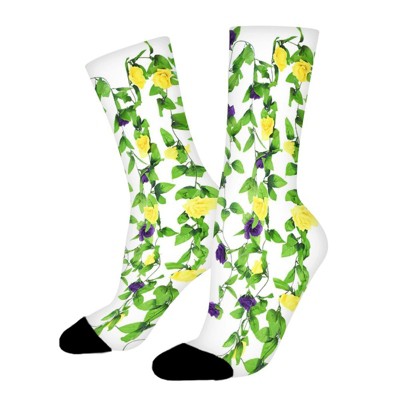 Flower With Green Leaves Women Printed Crew Socks Funny Funky Socks Soft Polyester Novelty Gifts for Artists Men