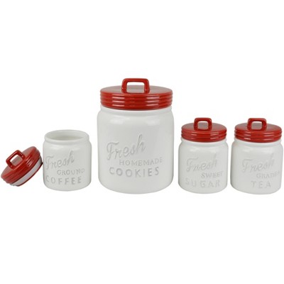 Red and White Ceramic Kitchen Canister Set with Airtight Lids