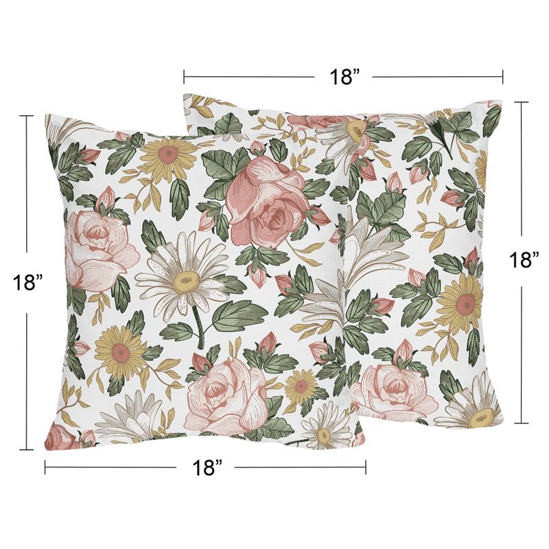 Sweet Jojo Designs Set of 2 Decorative Accent Kids' Throw Pillows 18in. Vintage Floral Pink Green and Yellow, 4 of 6