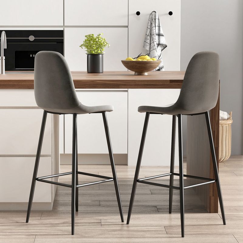 Costway Set of 2 Bar Stools 29.5'' Velvet Upholstered High Back Bar Chairs Kitchen Brown/Grey, 2 of 8