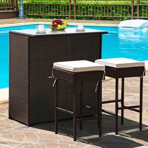 Costway 3PCS Patio Rattan Wicker Bar Table Stools Dining Set Cushioned Chairs Garden - 1 of 4