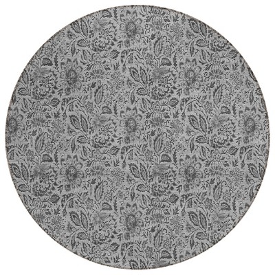Gray Silver And Charcoal Floral Washable Indoor Outdoor Area Rug