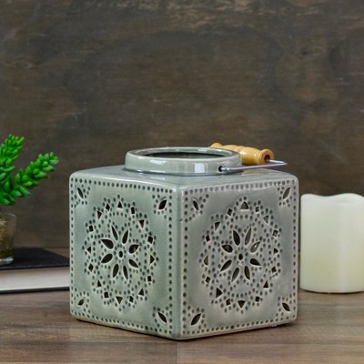 Olive Green Ceramic Hanging Candle Lantern with Mosaic Cutout