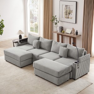 123.2" U-Shaped Sectional Sofas with 2 Movable Ottomans, Hidden Storage Armrests, USB Ports, Cup Holders & Phone Holder - 1 of 4