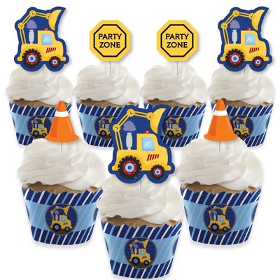 Big Dot of Happiness Construction Truck - Cupcake Decoration - Baby Shower or Birthday Party Cupcake Wrappers and Treat Picks Kit - Set of 24