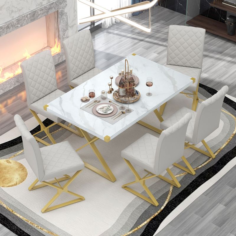7 PCS Modern Dining Table Set, Marble Texture Kitchen Table and 6 PU leather Chairs with X-Shaped Gold Steel Pipe Legs, White+Gold-ModernLuxe, 2 of 13