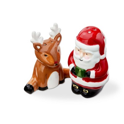 tag Santa and Reindeer Ceramic Salt and Pepper Shakers - Christmas Decor, Multicolor, Hand Wash Only, 1.75" L x 2" W x 3.5" H
