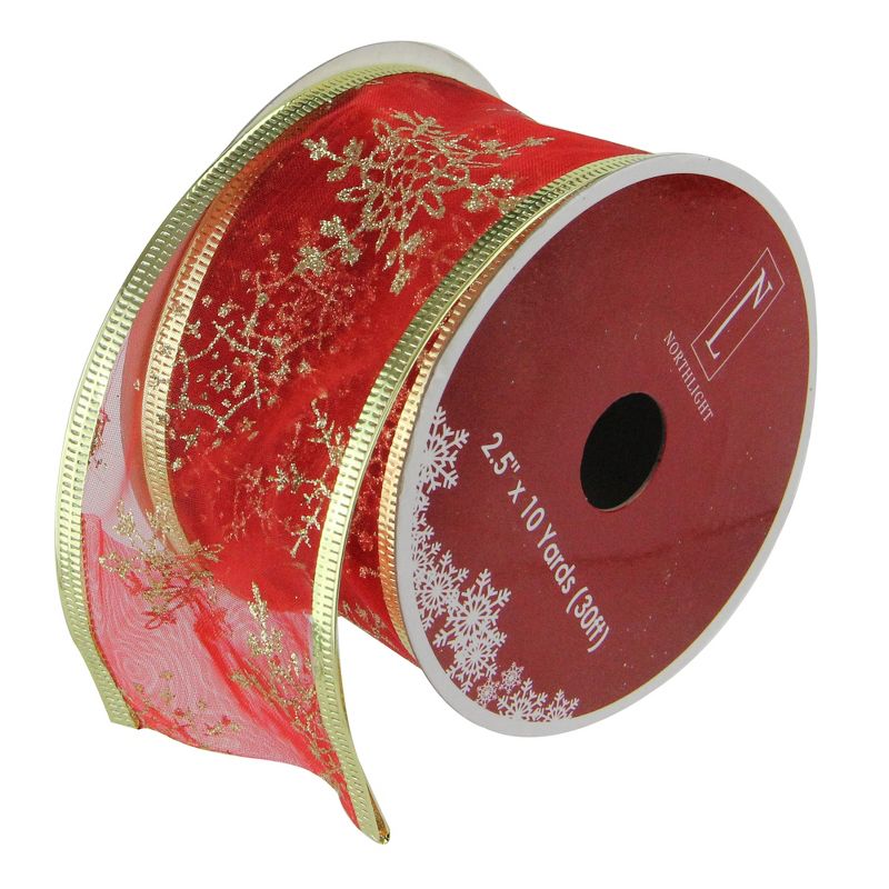 Northlight Cranberry Red and Gold Glitter Snowflakes Wired Christmas Craft Ribbon 2.5 x 10 Yards, 1 of 3