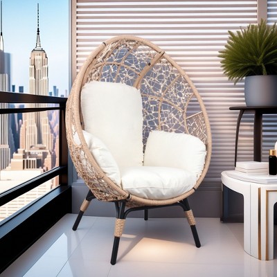 FURNIinspire Patio Accent Chairs Indoor And Outdoor Patio Egg Chair With Beige Cushions, Natural Color Unique Texture Rattan Frame, Brown, 34“*37"*54"