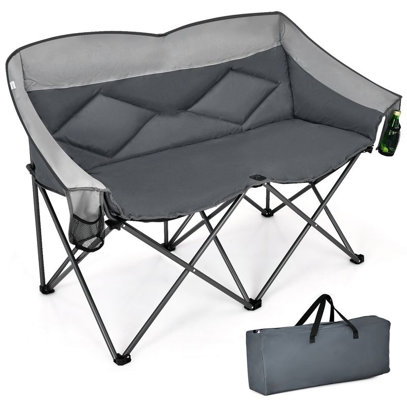 Costway Folding Camping Chair Loveseat Double Seat w/ Bags & Padded Backrest Gray\Blue, 1 of 11