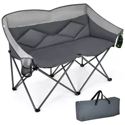 Costway Folding Camping Chair Loveseat Double Seat w/ Bags & Padded Backrest Gray