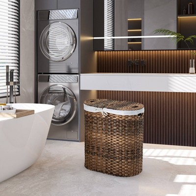 Mocha Brown Handwoven Wicker Double Laundry Hamper with Lid