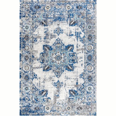 Ivory and Blue Persian Boho Vintage Medallion Area Rug